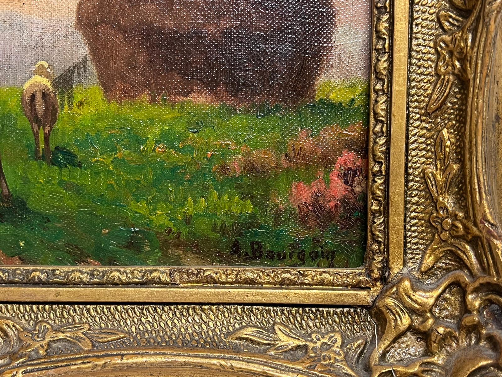 Antique French Impressionist Signed Oil Haystack at Sunset Shepherd & Sheep For Sale 3
