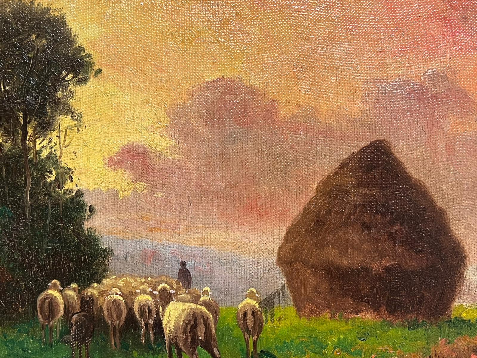Antique French Impressionist Signed Oil Haystack at Sunset Shepherd & Sheep For Sale 4