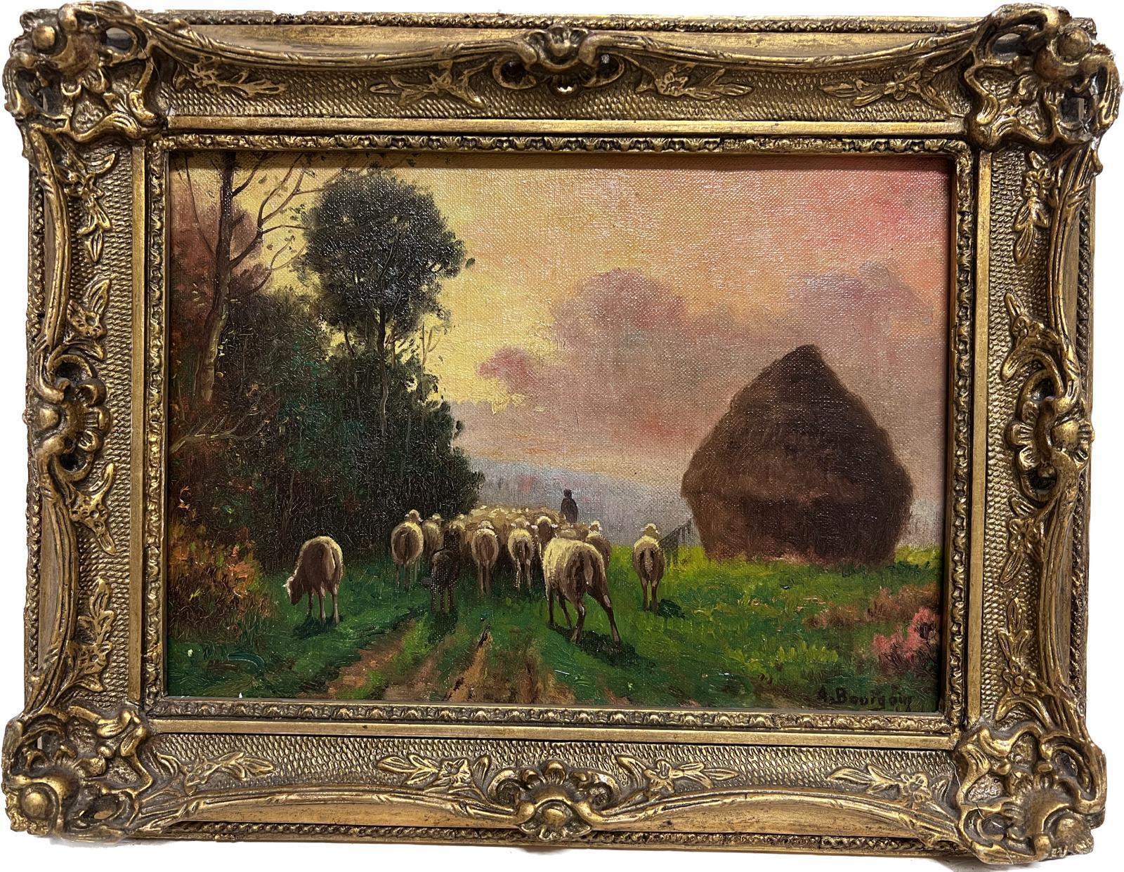 French School Animal Painting – Antikes französisches impressionistisches Ölgemälde, Haystack bei Sonnenuntergang, Hirte und Schafe, signiert