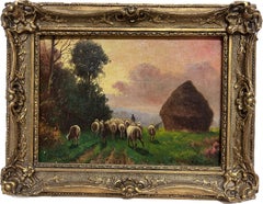 Antique French Impressionist Signed Oil Haystack at Sunset Shepherd & Sheep