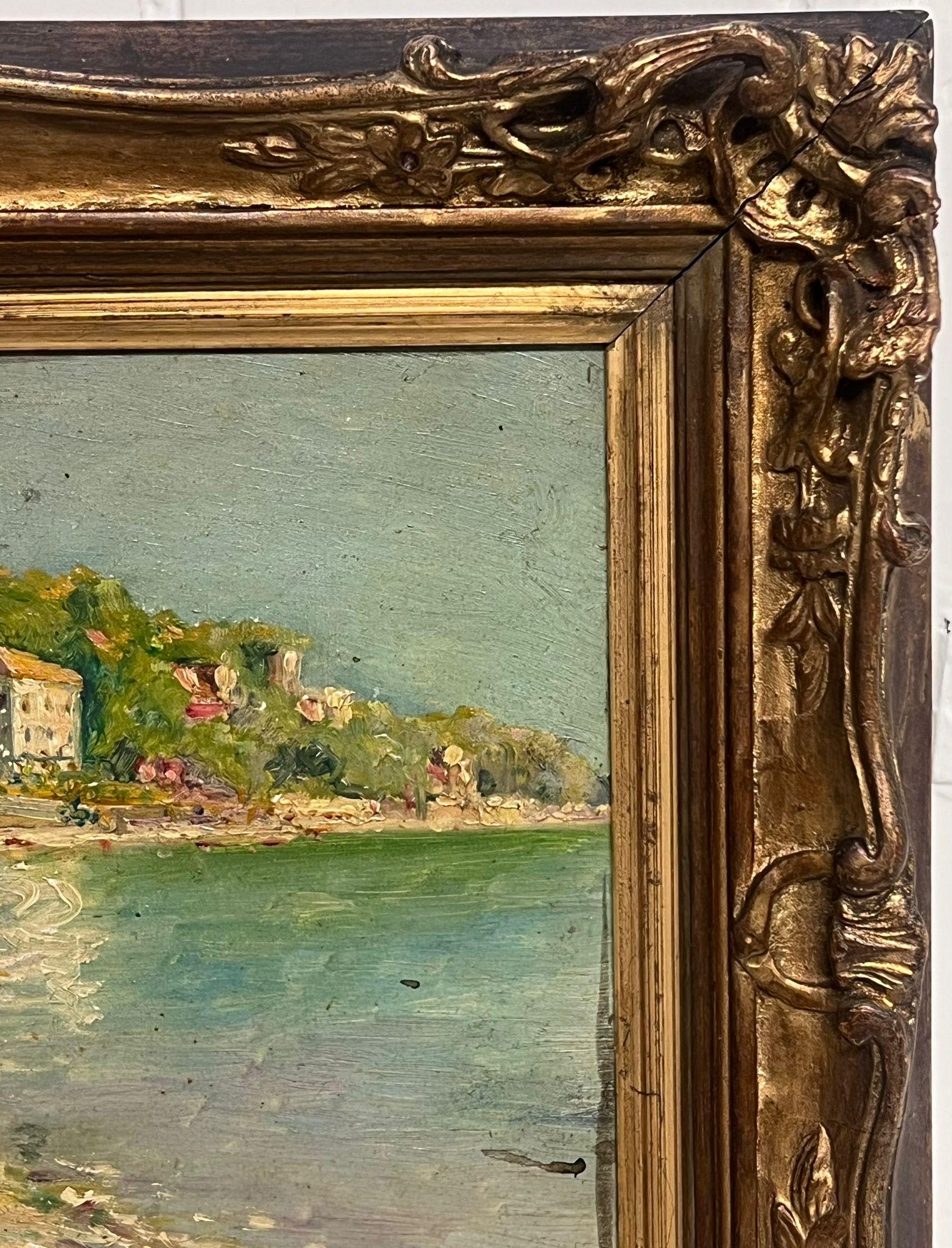 Antique French Impressionist Signed Oil Porto Vecchio Corsica Coastline Townes - Painting Impressionismo di French School