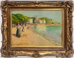 Antique French Impressionist Signed Oil Porto Vecchio Corsica Coastline Town