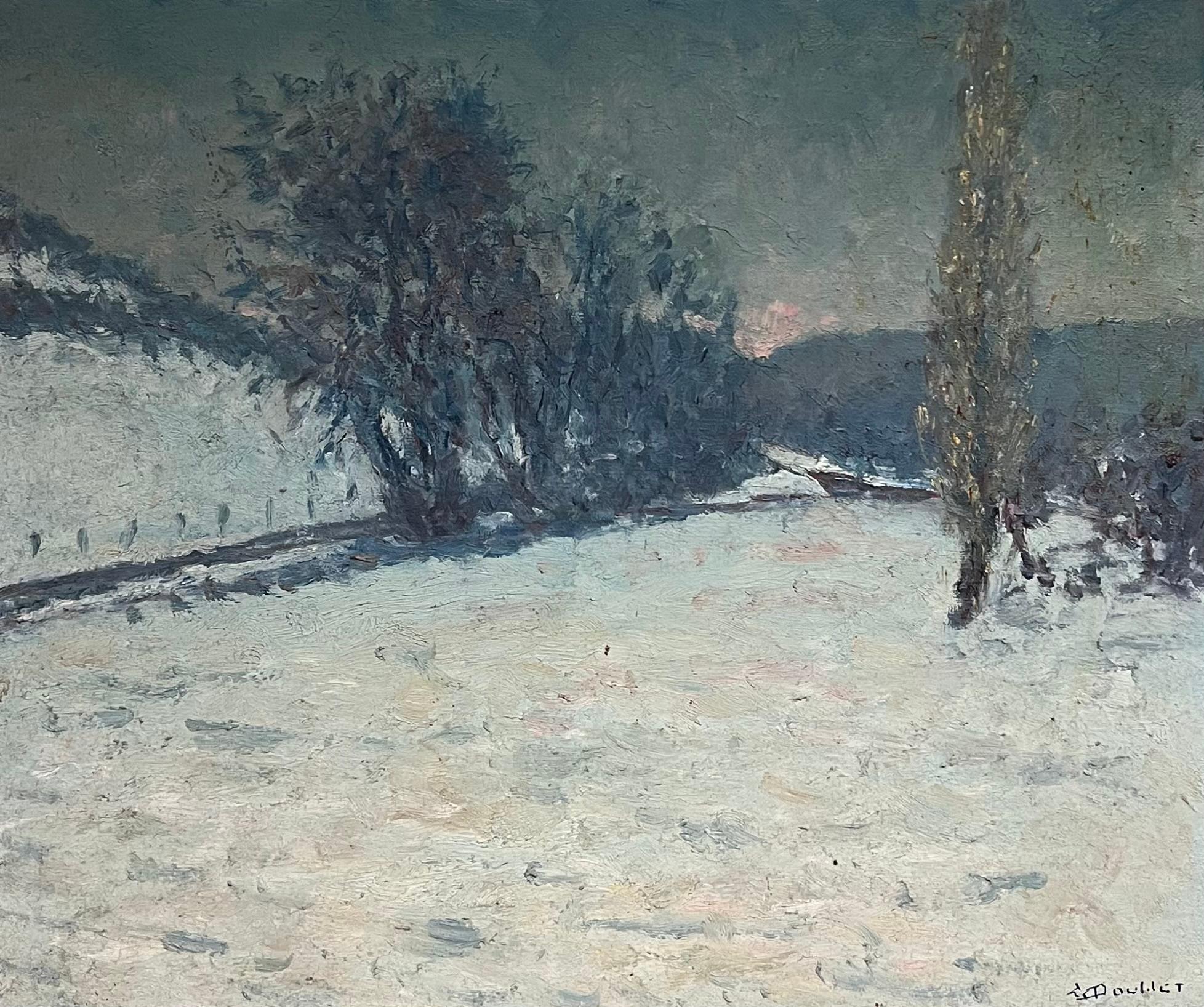 Antique French Impresionista Paisaje invernal Campos nevados Pintura al óleo - Landscape Painting Marrón de French School