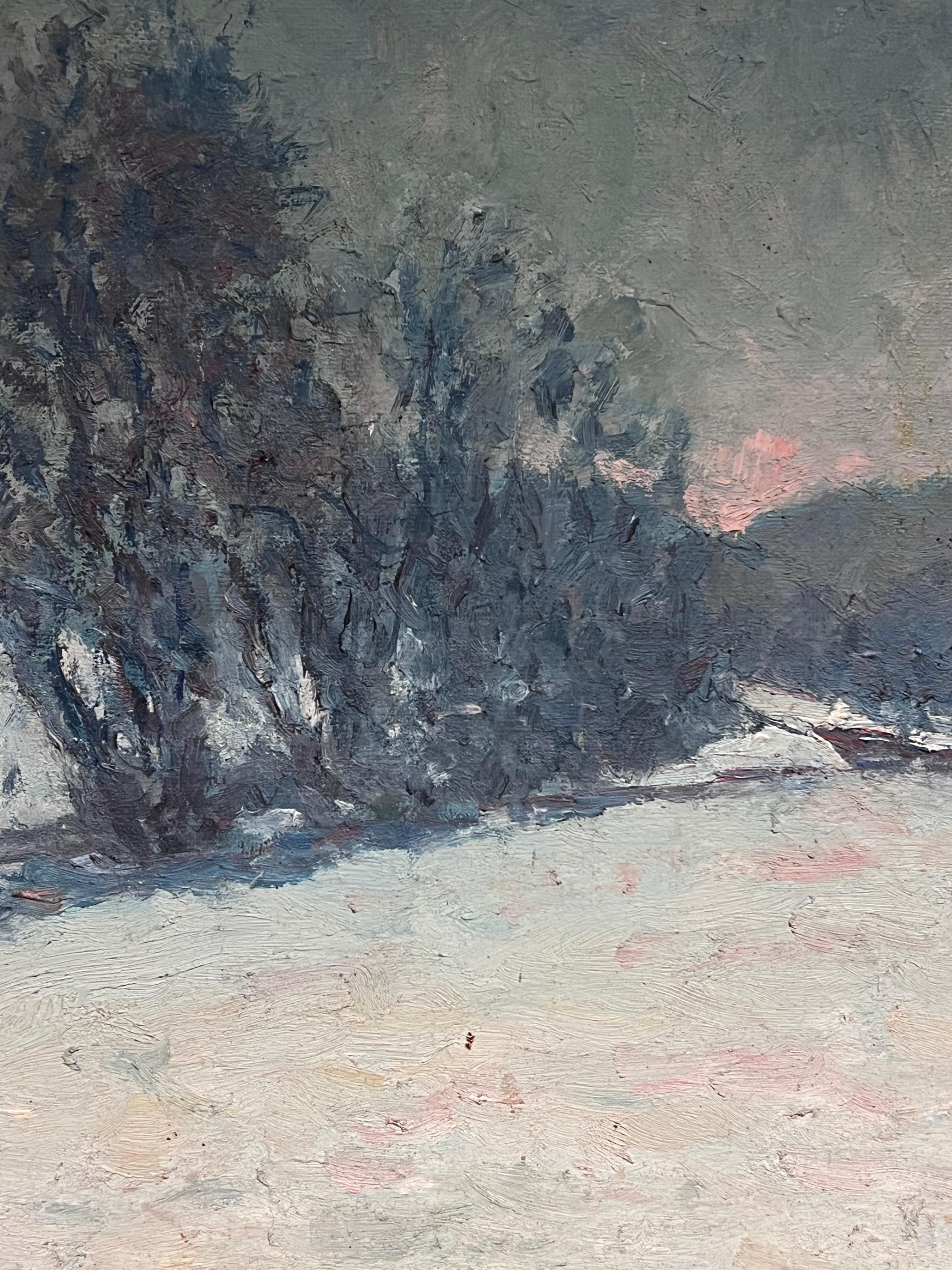 Antique French Impresionista Paisaje invernal Campos nevados Pintura al óleo en venta 1