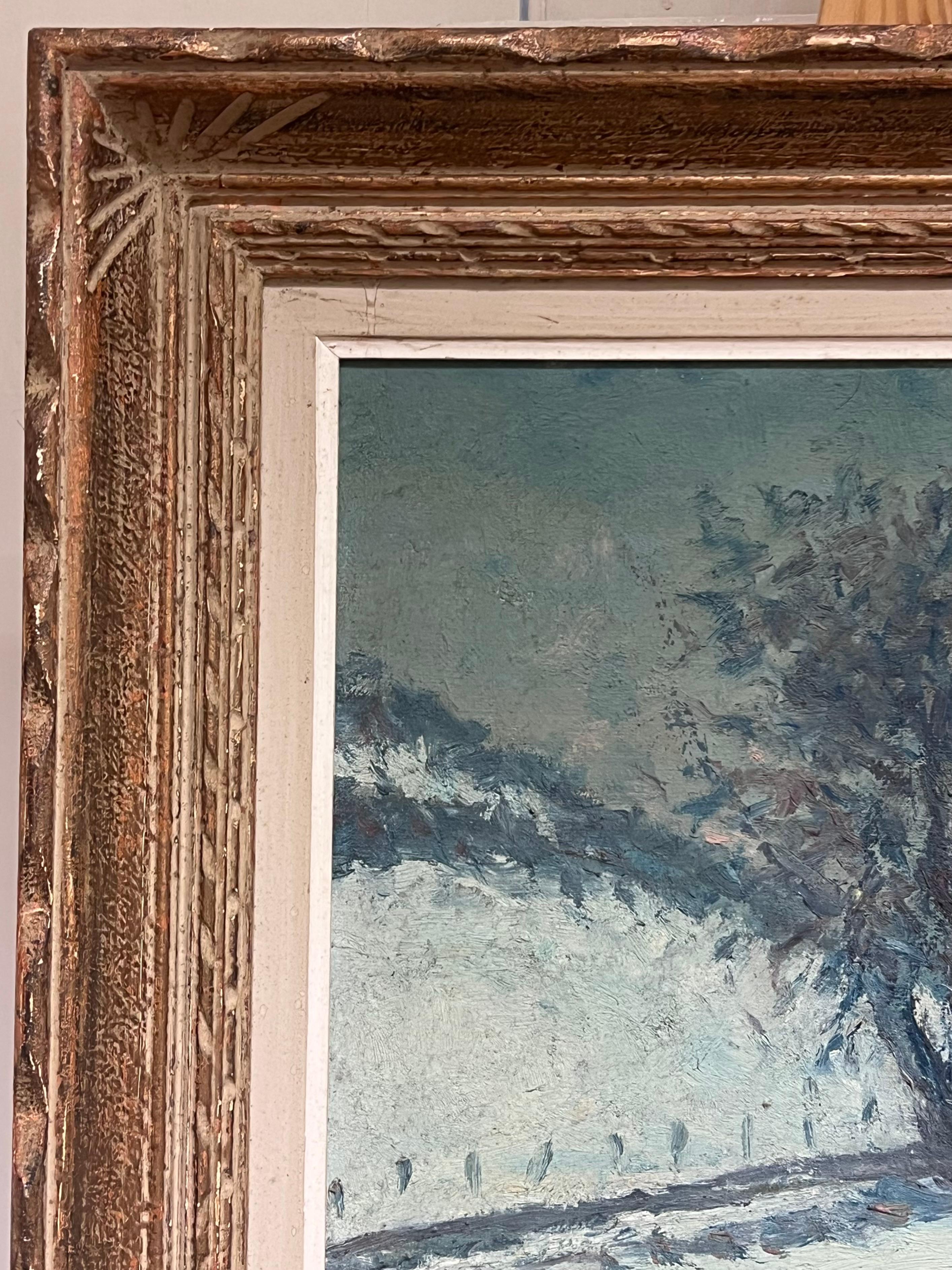 Antique French Impresionista Paisaje invernal Campos nevados Pintura al óleo en venta 2