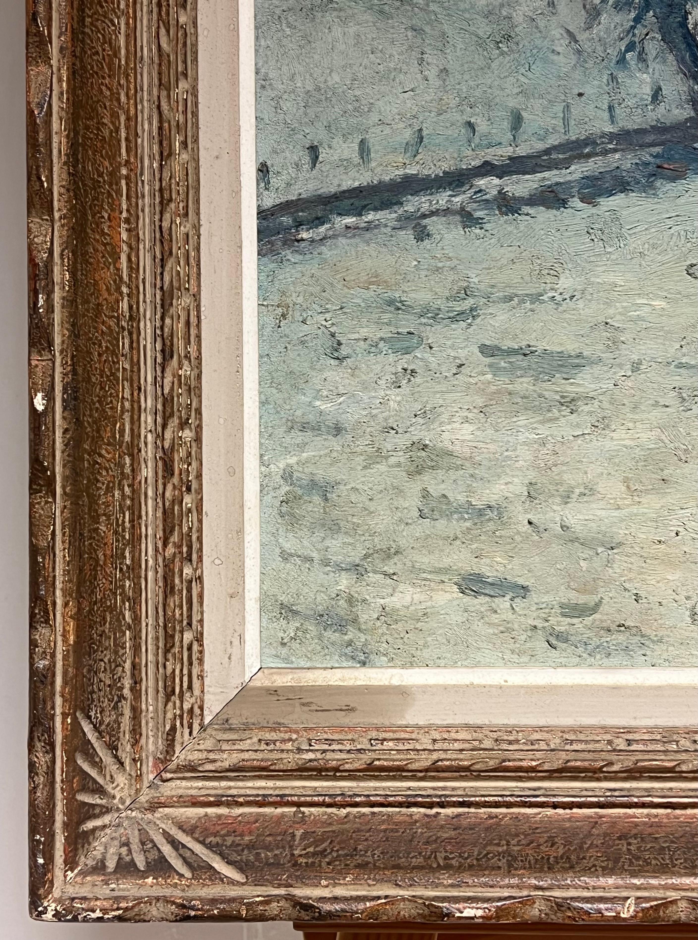 Antique French Impresionista Paisaje invernal Campos nevados Pintura al óleo en venta 3