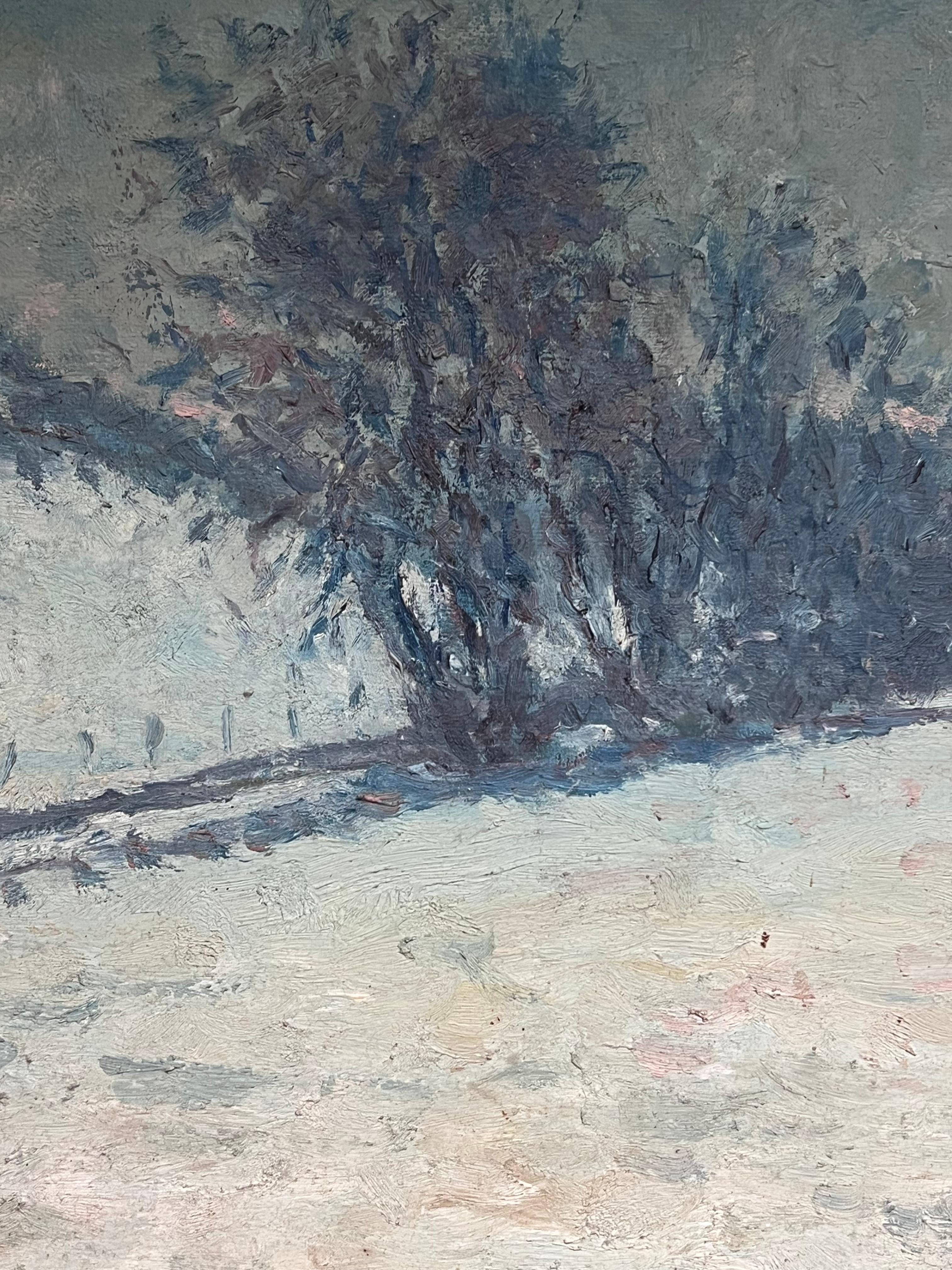 Antique French Impresionista Paisaje invernal Campos nevados Pintura al óleo en venta 4