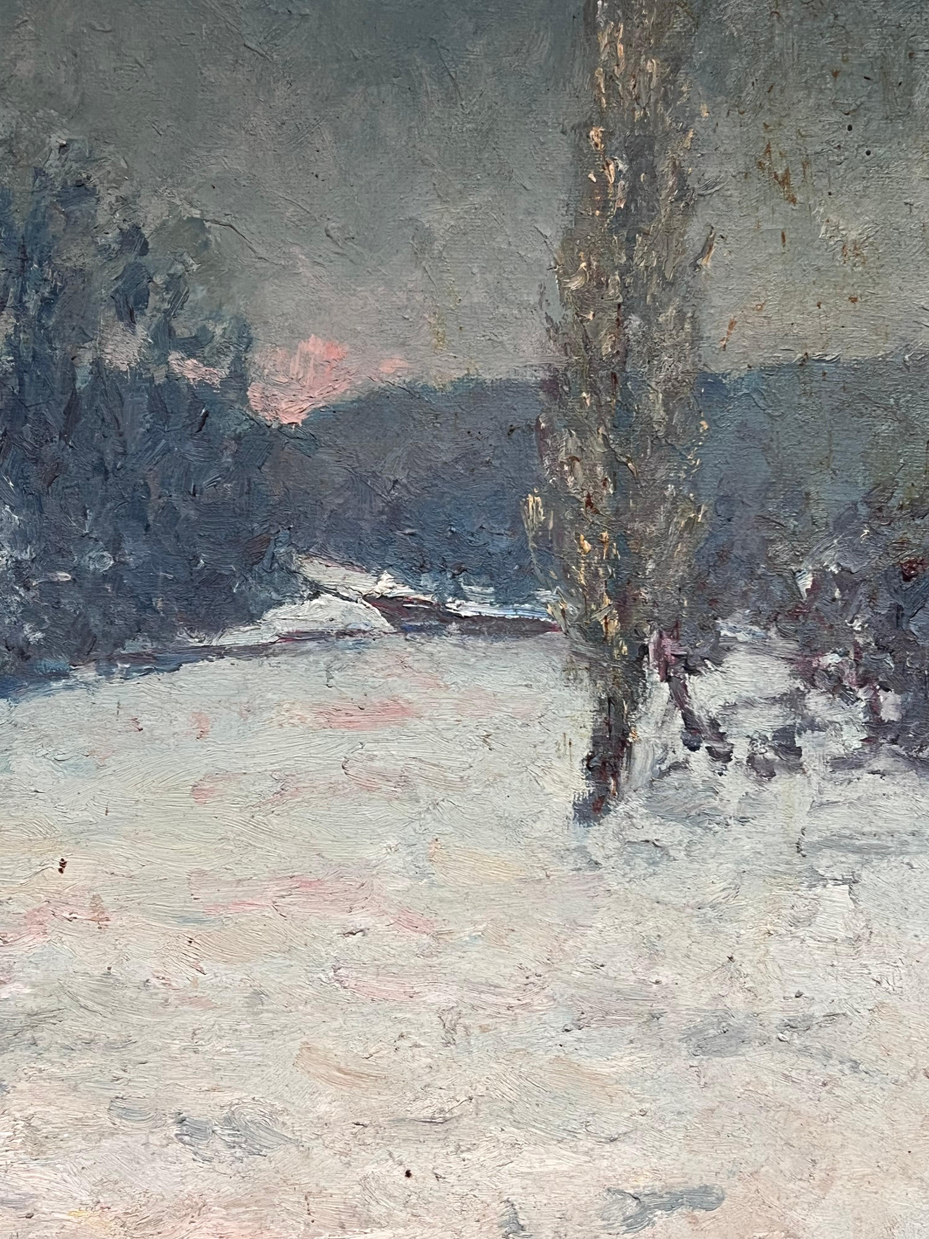 Antique French Impresionista Paisaje invernal Campos nevados Pintura al óleo en venta 5