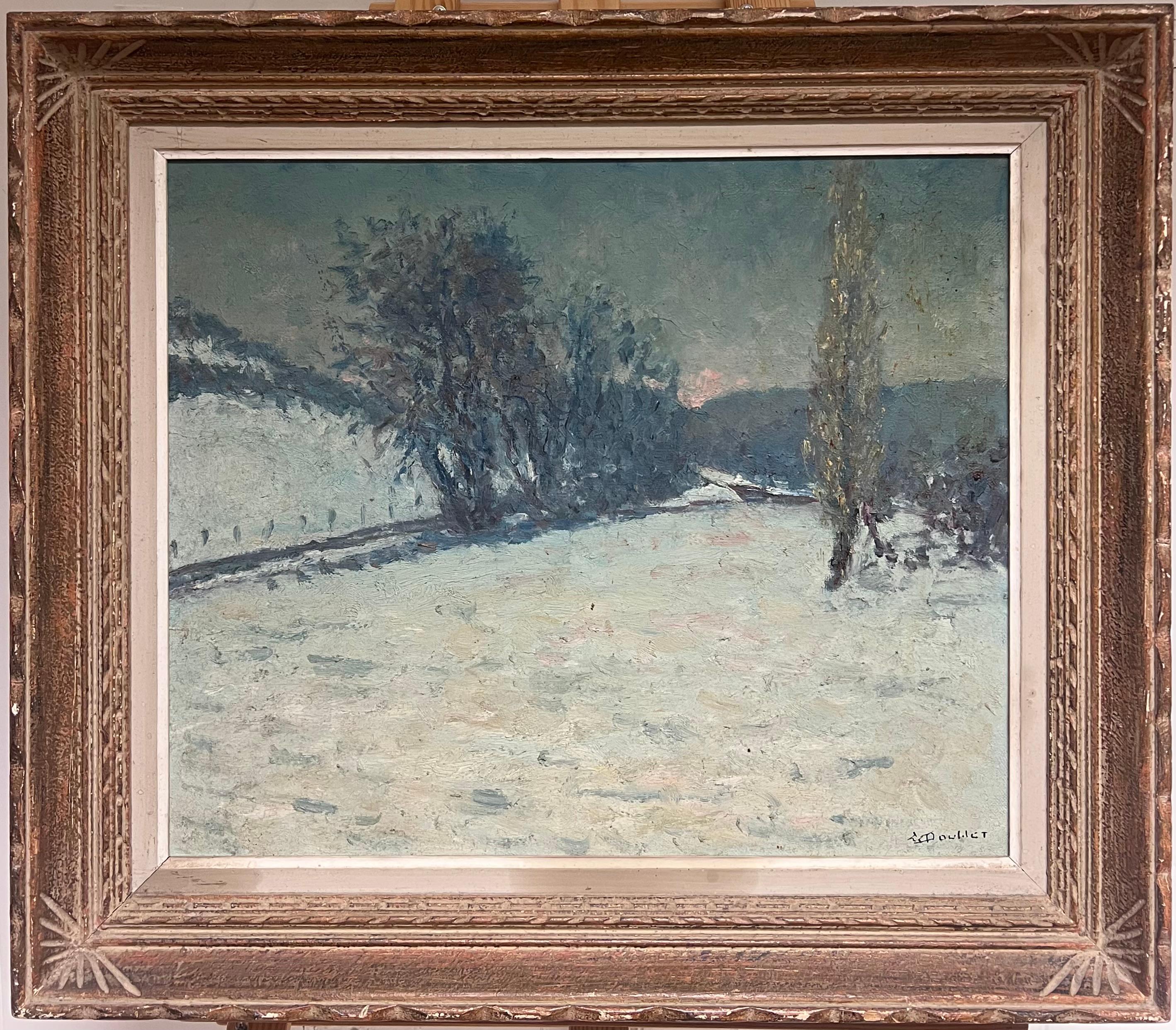 Landscape Painting de French School - Antique French Impresionista Paisaje invernal Campos nevados Pintura al óleo