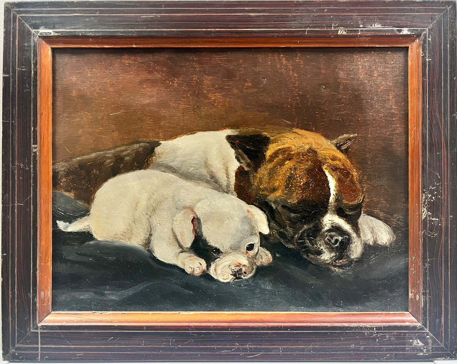 Antique French Oil Bull Terrier Dog with her Puppy Sleeping  - Painting by French School