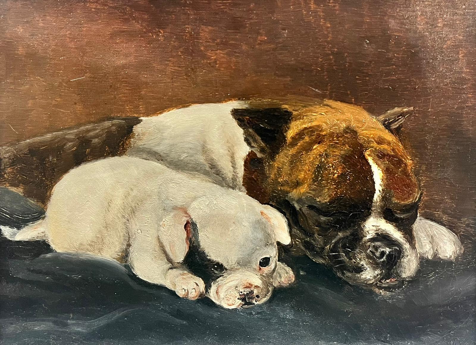 Antique French Oil Bull Terrier Dog with her Puppy Sleeping  - Victorian Painting by French School