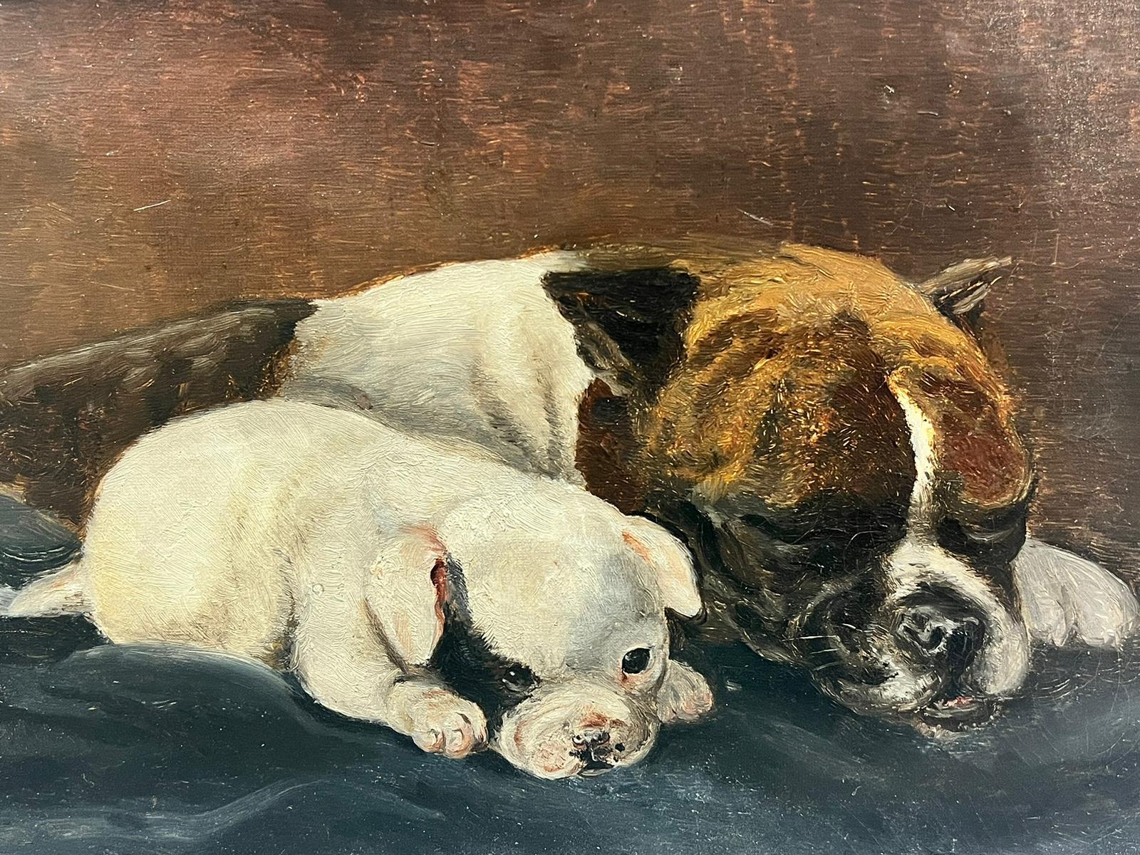 French School Animal Painting - Antique French Oil Bull Terrier Dog with her Puppy Sleeping 