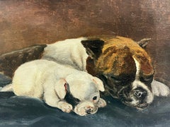 Antique French Oil Bull Terrier Dog with her Puppy Sleeping 
