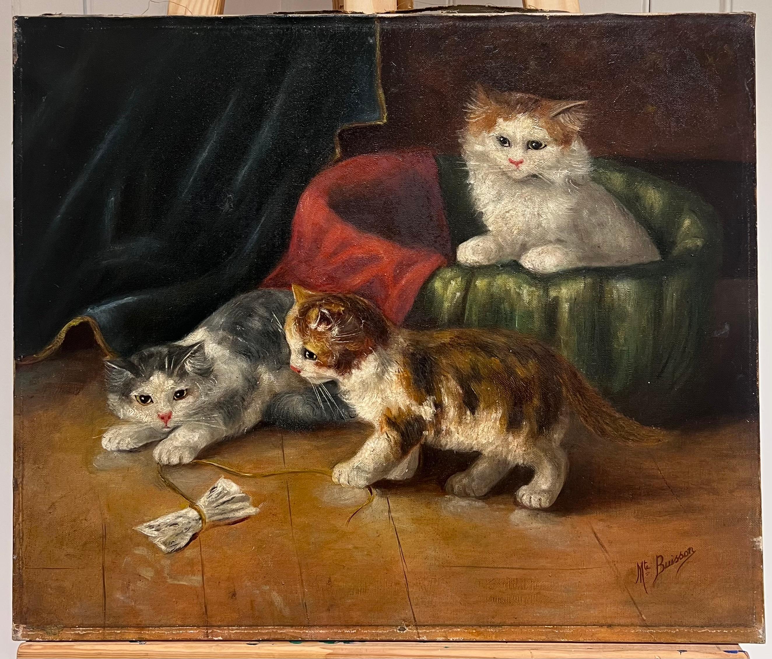 Antique French Oil Painting Kittens Playing beside Basket Signed Original - Brown Animal Painting by French School