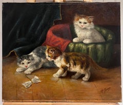 Antique French Oil Painting Kittens Playing beside Basket Signed Original