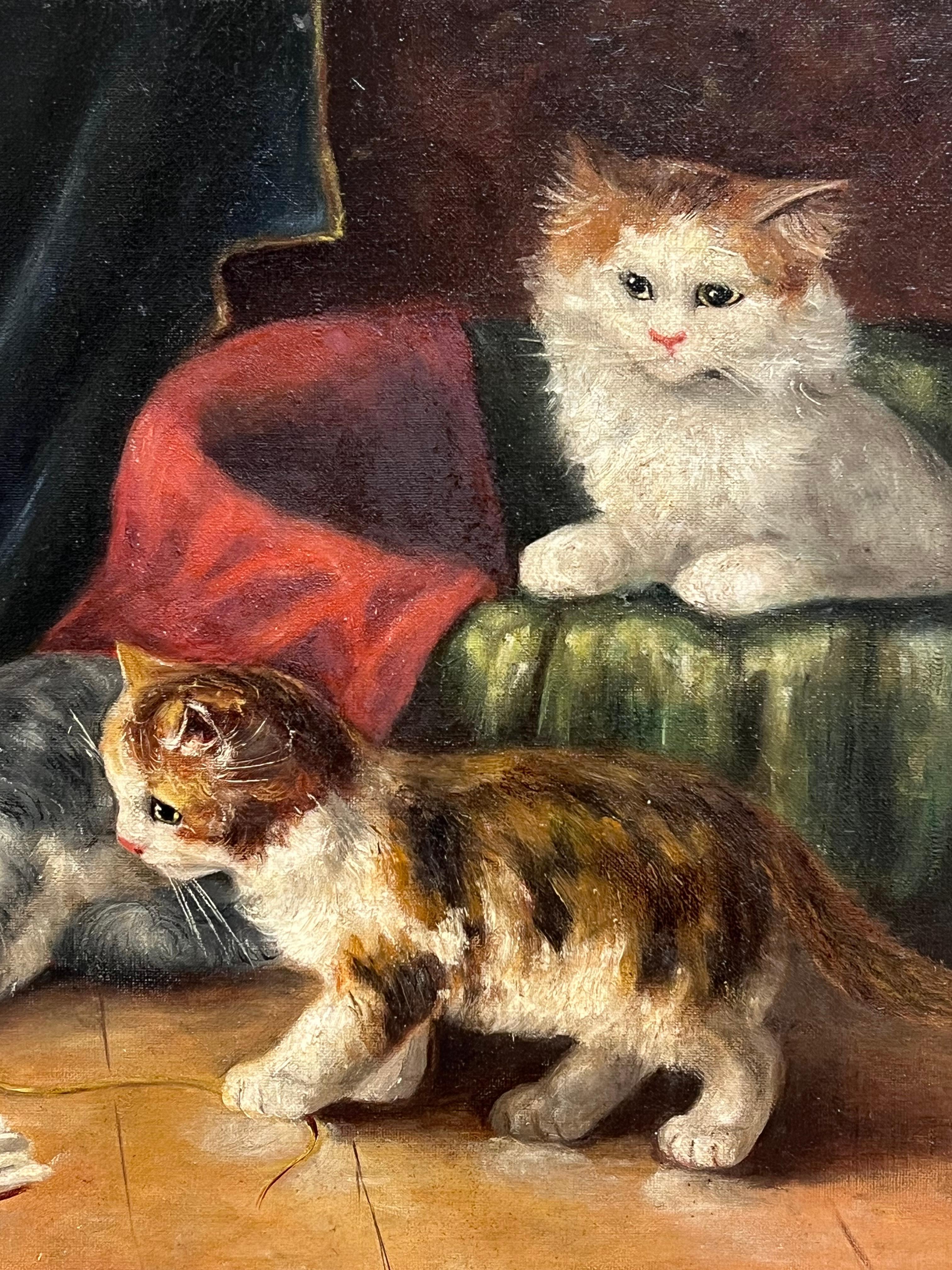 Playful Kittens
French School, late 19th century
signed lower front corner
oil on canvas, unframed 
canvas: 18 x 22 inches
Provenance: private collection, France
Condition: very good condition with an old repair showing verso. 

For more any more