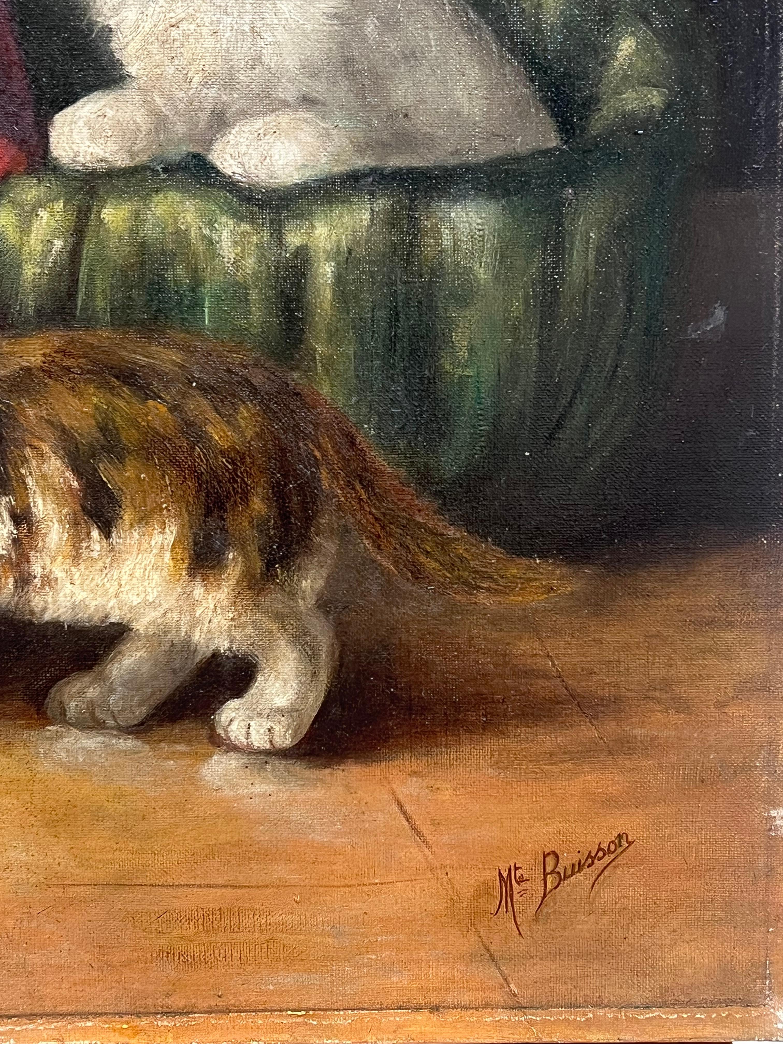 Antique French Oil Painting Kittens Playing beside Basket Signed Original For Sale 2