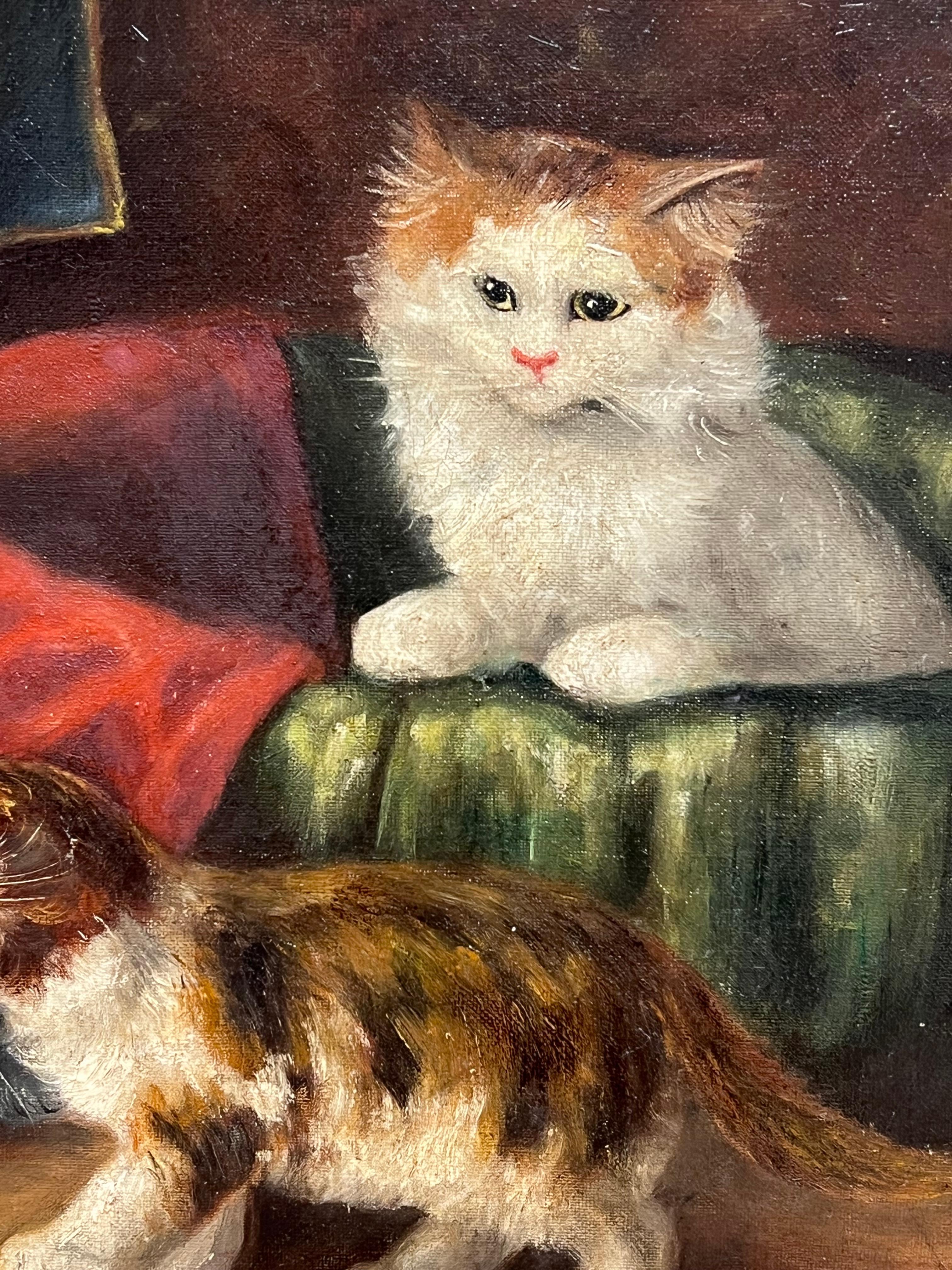 Antique French Oil Painting Kittens Playing beside Basket Signed Original For Sale 3