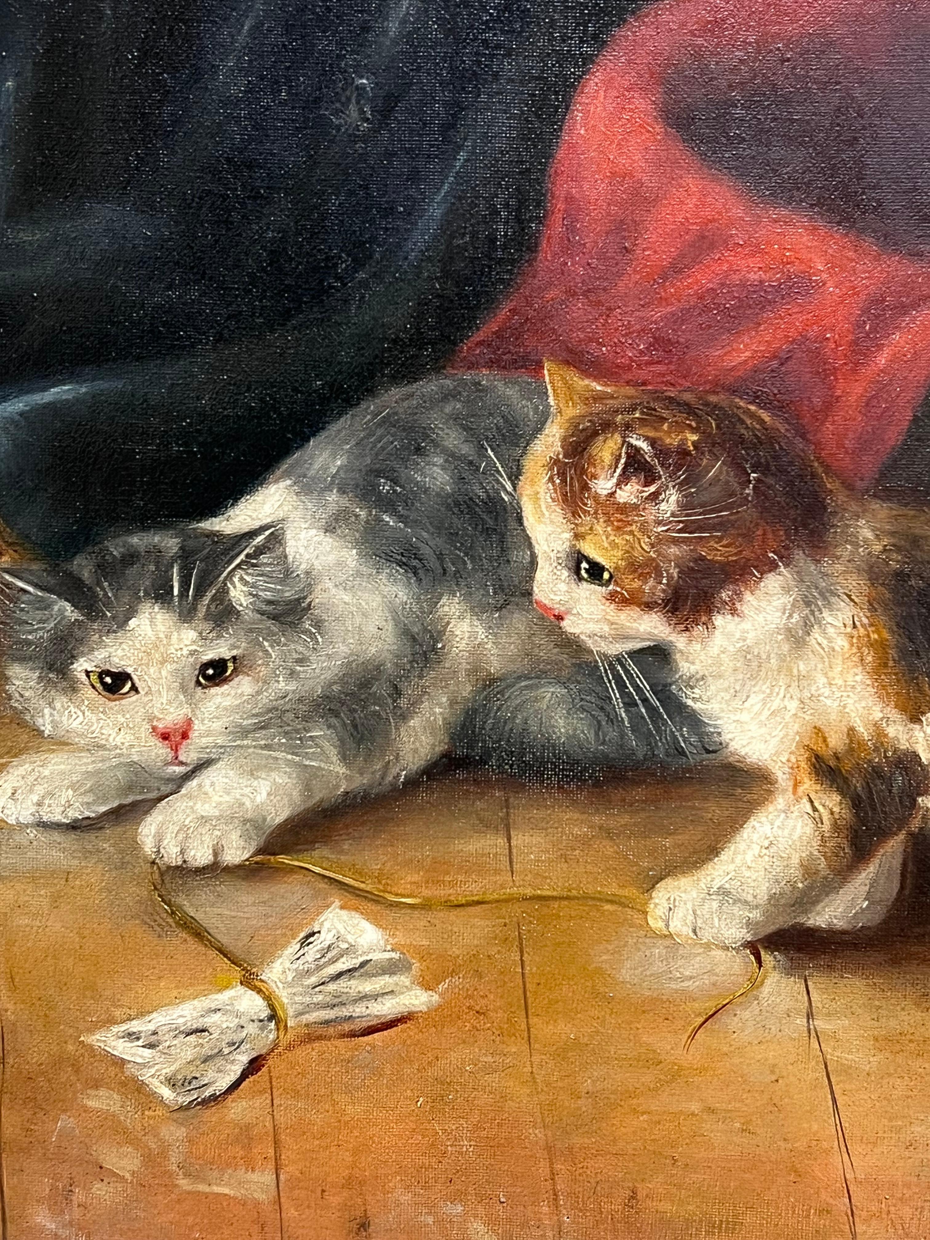 Antique French Oil Painting Kittens Playing beside Basket Signed Original For Sale 4