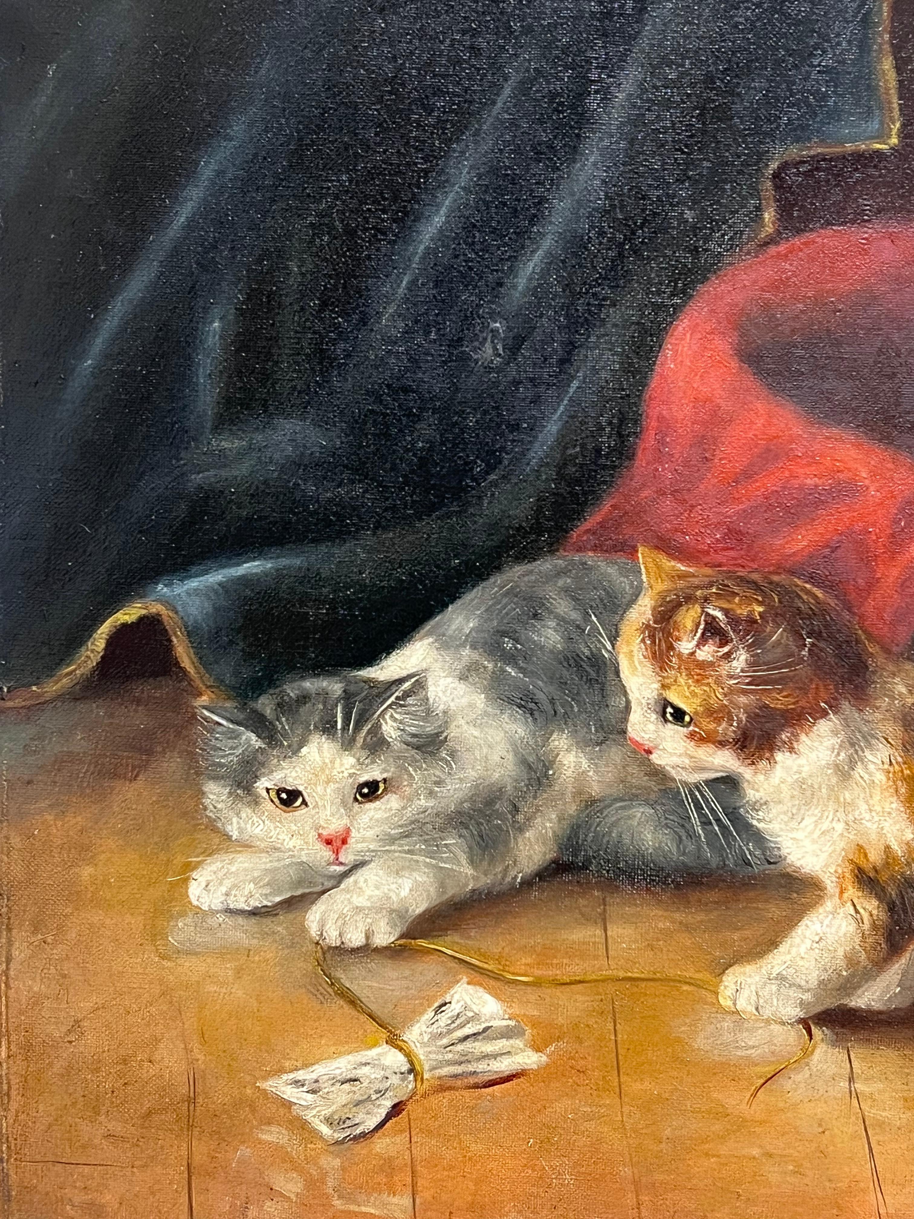 Antique French Oil Painting Kittens Playing beside Basket Signed Original For Sale 5