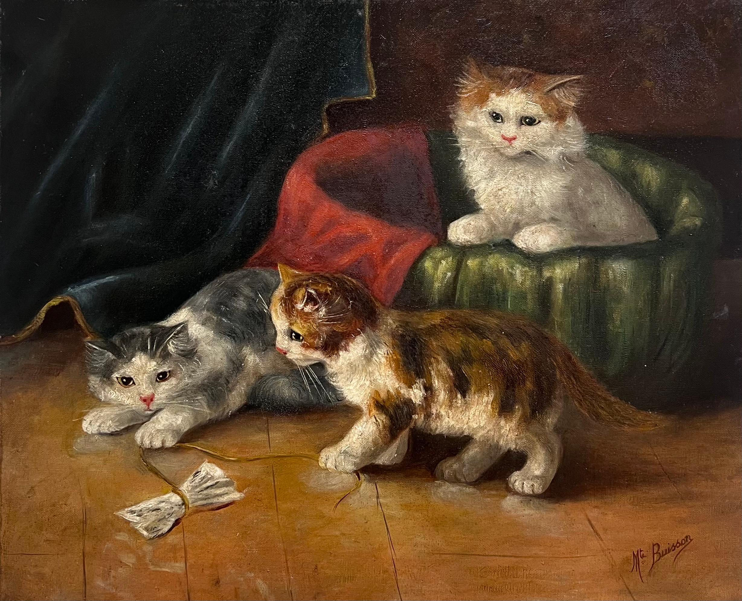 Antique French Oil Painting Kittens Playing beside Basket Signed Original