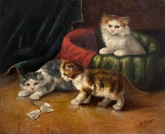 Peinture à l'huile française ancienne représentant des chatons jouant à côté d'un panier et signée