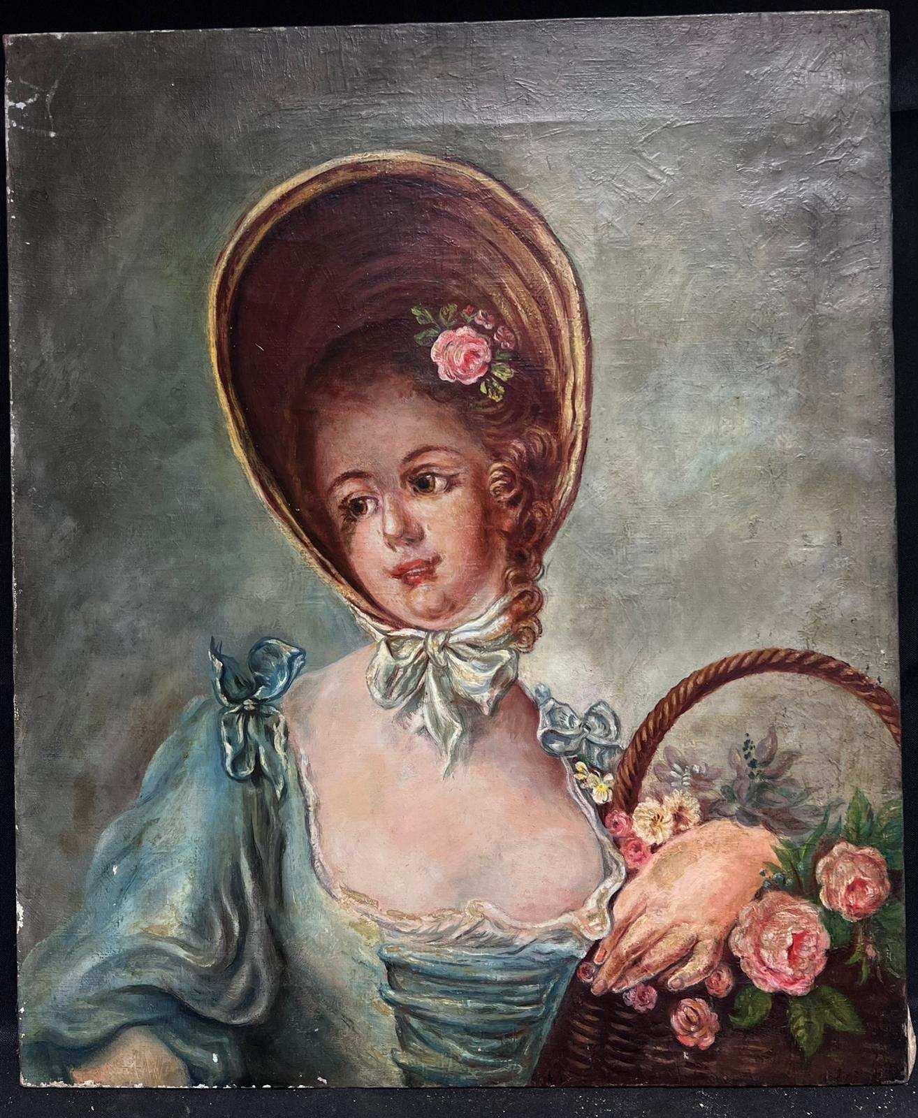 Antikes französisches Ölgemälde, Porträt einer Land Lady in Bonnet mit KorbRosen, Ölgemälde – Painting von French School