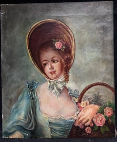 Antique French Oil Painting Portrait of Country Lady in Bonnet with Basket Roses