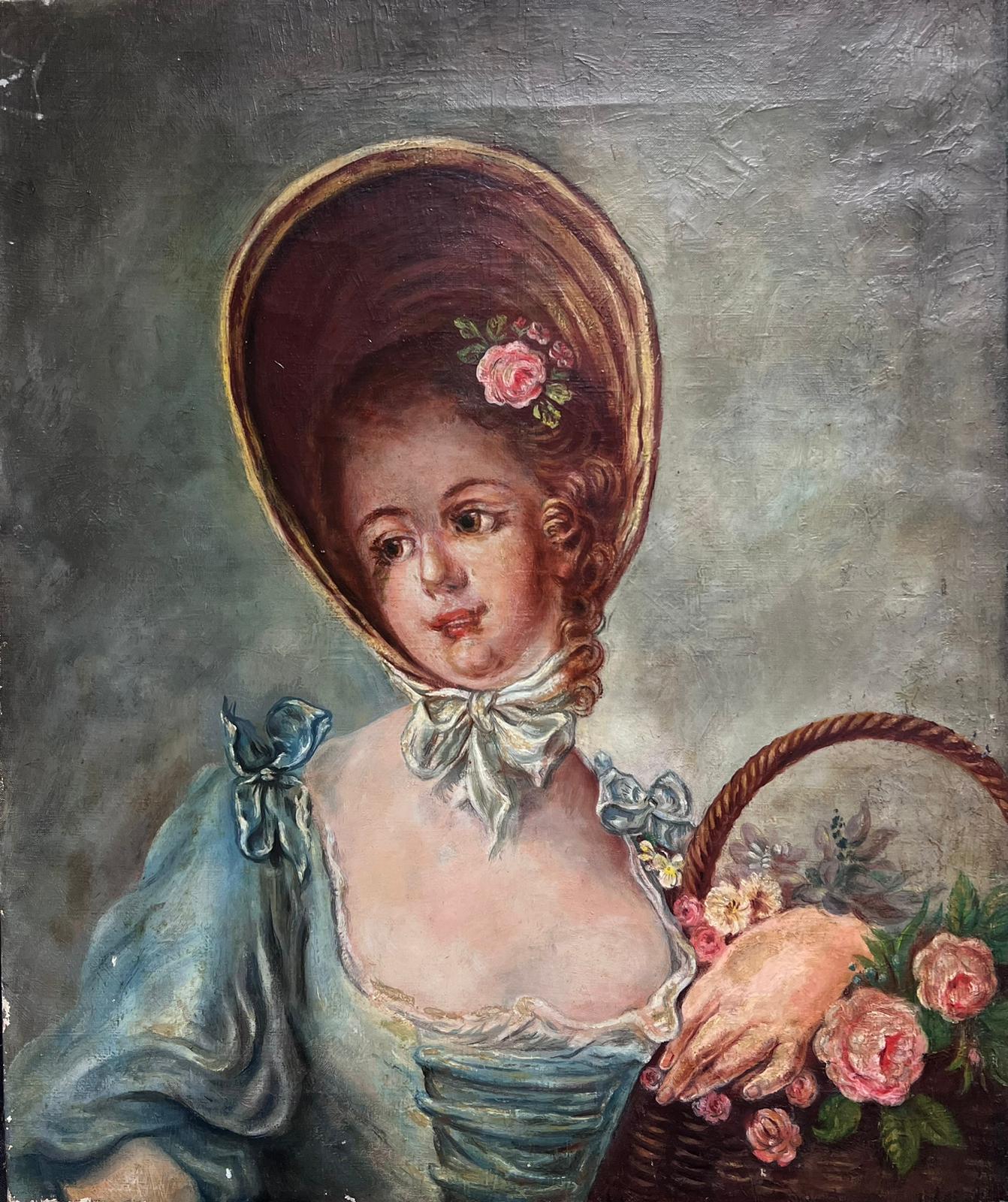 French School Portrait Painting - Antique French Oil Painting Portrait of Country Lady in Bonnet with Basket Roses