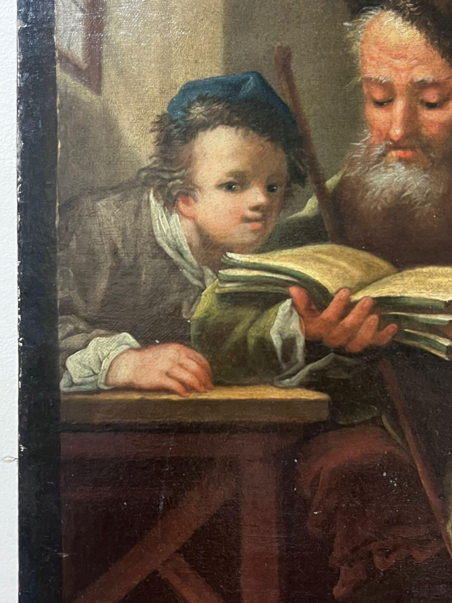 Antique French Oil Painting Young Boy being Read to by Elderly Man 1800's For Sale 4