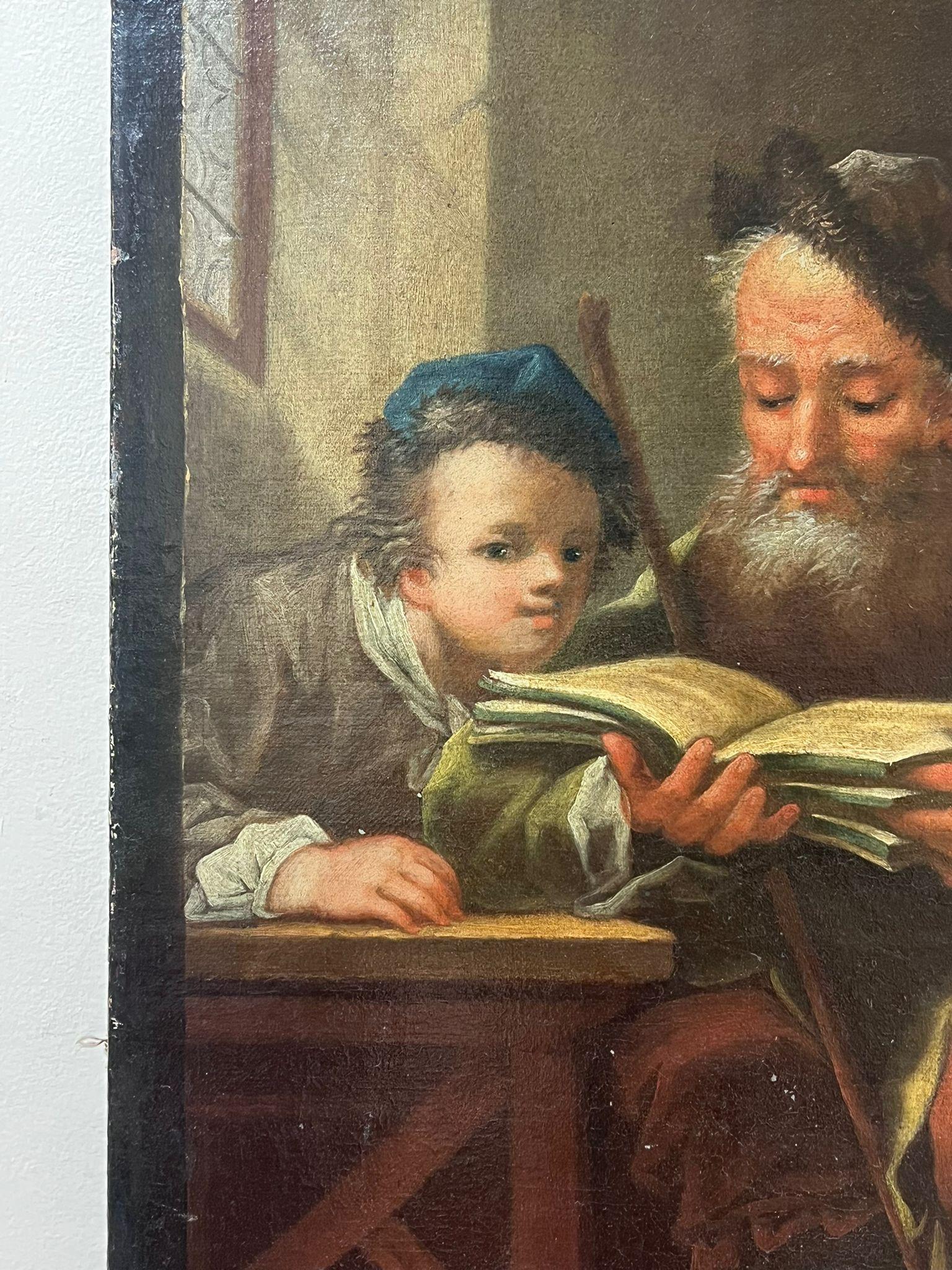 Antique French Oil Painting Young Boy being Read to by Elderly Man 1800's 5
