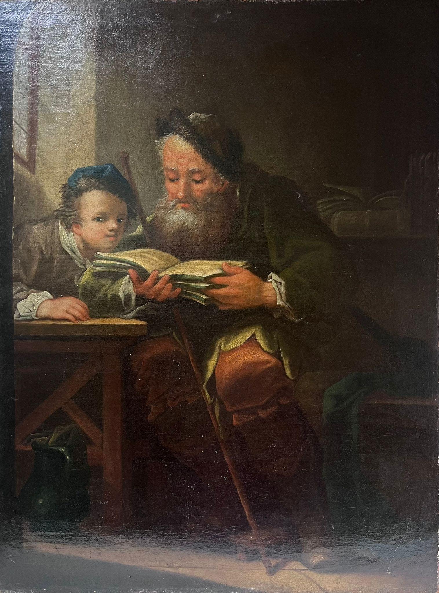 French School Figurative Painting - Antique French Oil Painting Young Boy being Read to by Elderly Man 1800's