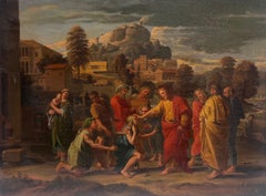 Antique French Old Master Pittura a olio Cristo che guarisce i malati a Gerusalemme
