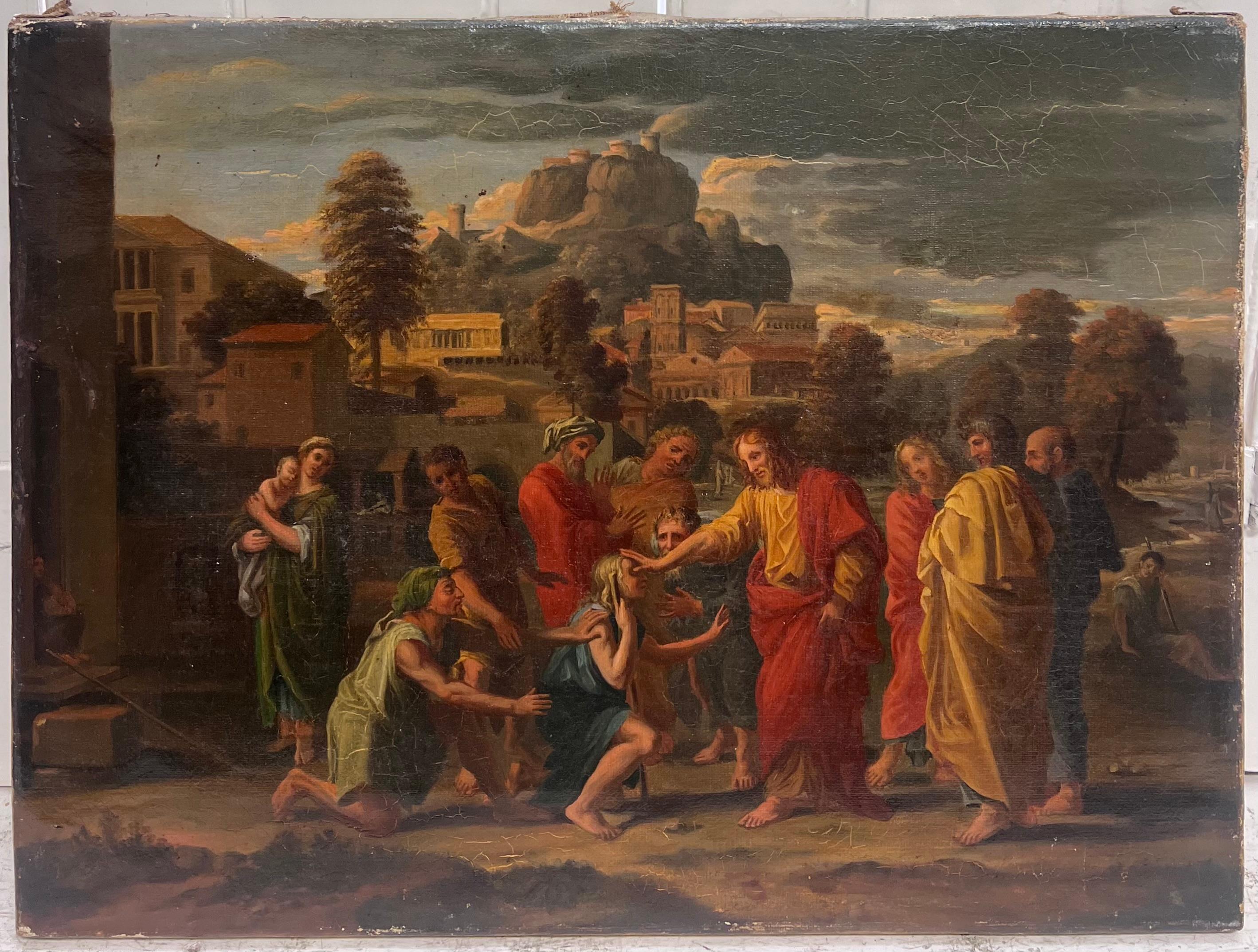 Antique French Old Master Oil Painting Christ Healing the Sick Jersusalem - Brown Figurative Painting by French School