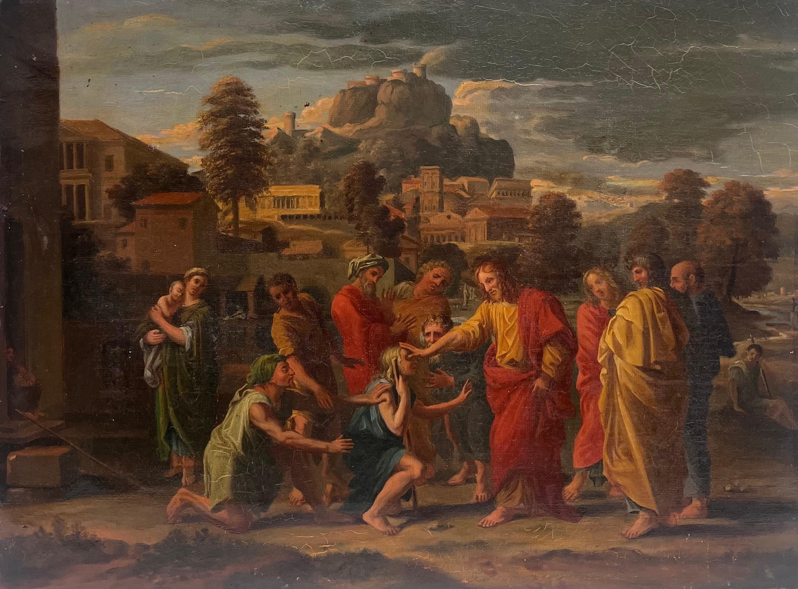 French School Figurative Painting - Antique French Old Master Oil Painting Christ Healing the Sick Jersusalem