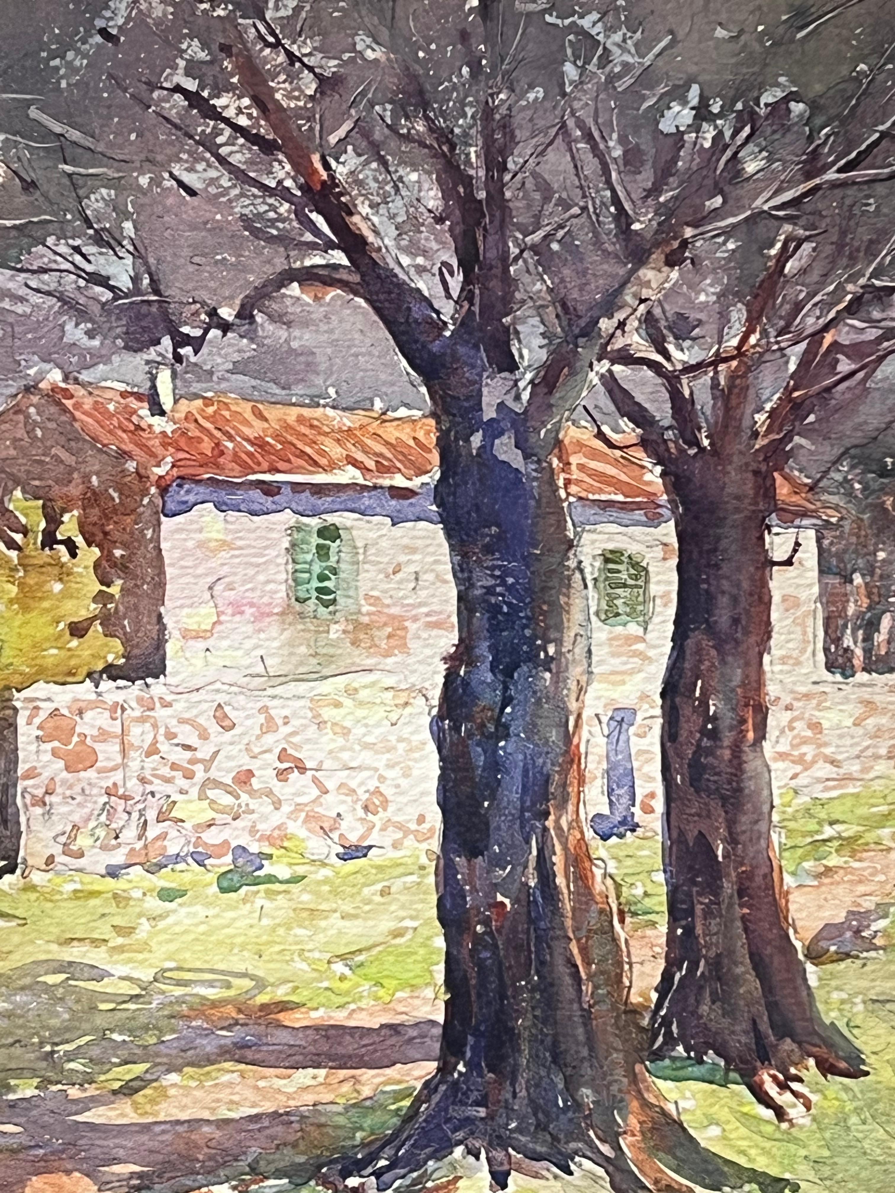Antique French Painting Charming Village Scene Study of Trees and Stone Cottages - Brown Landscape Painting by French School