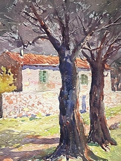 Antique French Painting Charming Village Scene Study of Trees and Stone Cottages