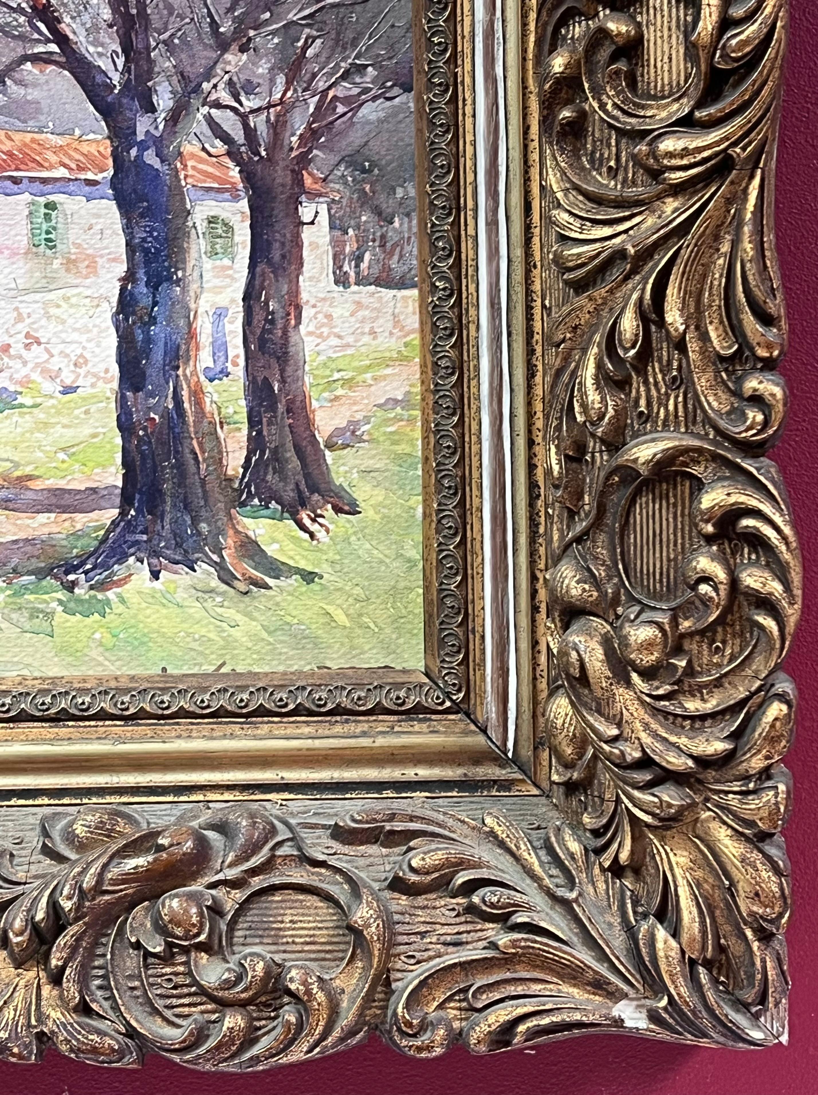 Antique French Painting Charming Village Scene Study of Trees and Stone Cottages For Sale 1