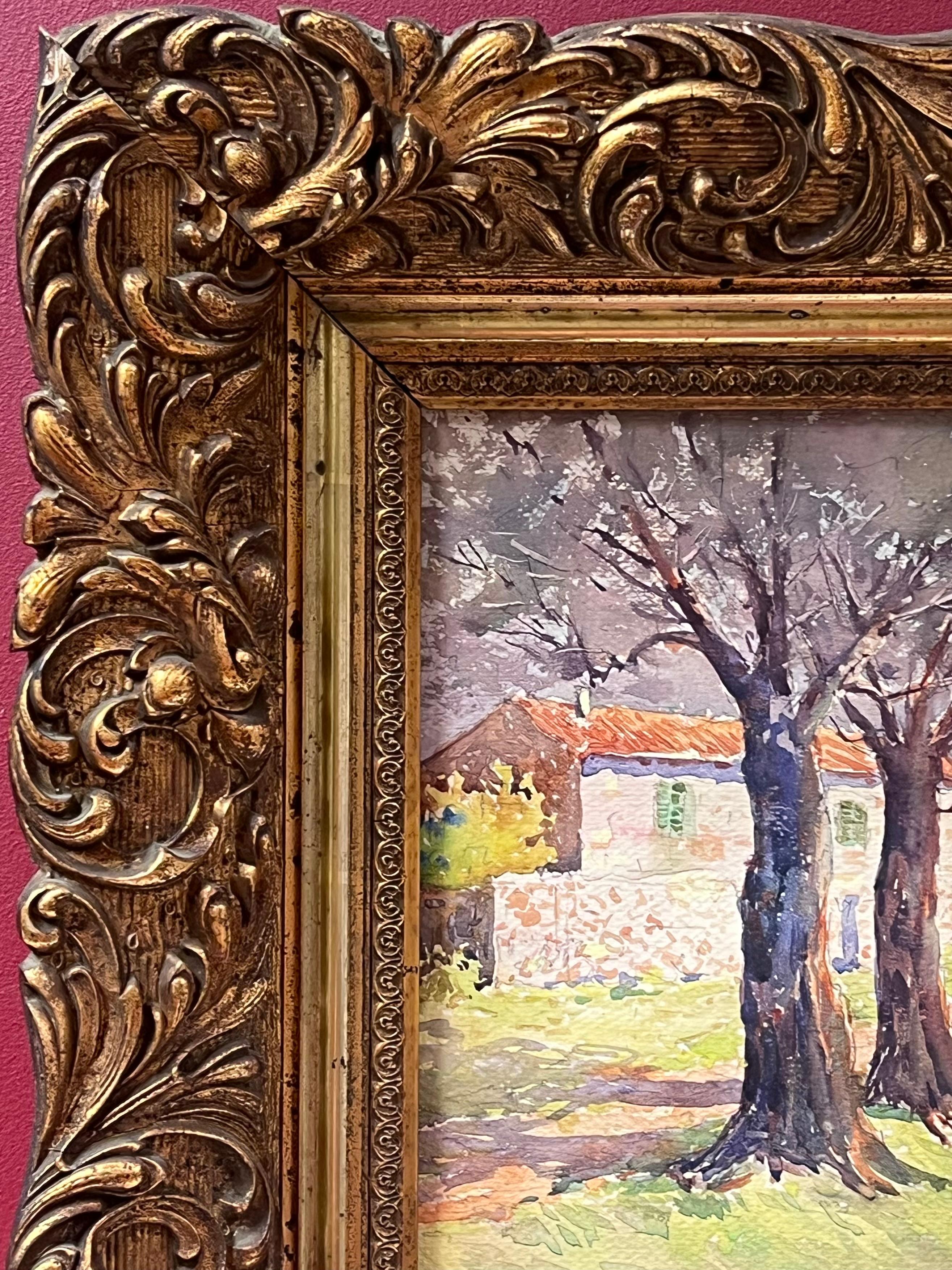 Antique French Painting Charming Village Scene Study of Trees and Stone Cottages For Sale 2