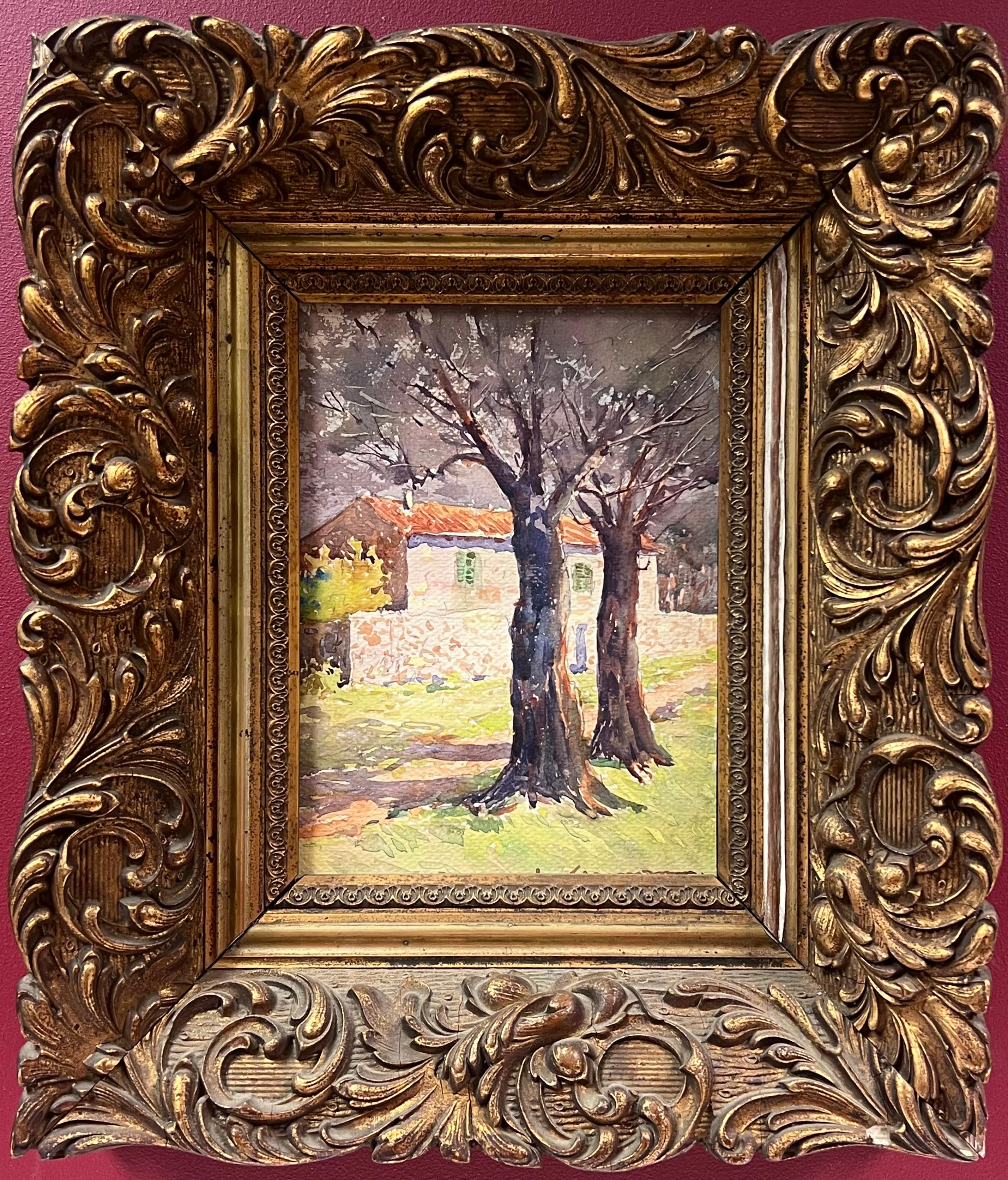 French School Landscape Painting - Antique French Painting Charming Village Scene Study of Trees and Stone Cottages