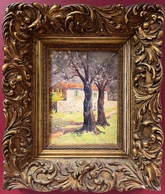 Antique French Painting Charming Village Scene Study of Trees and Stone Cottages