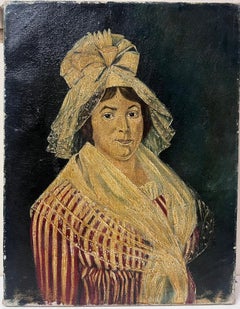 Antique French Portrait of a Country Lady in Large Dress & Hat oil on canvas