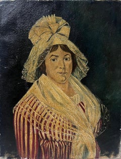 Antiquités - Portrait d'une dame de campagne en grande robe et chapeau huile sur toile