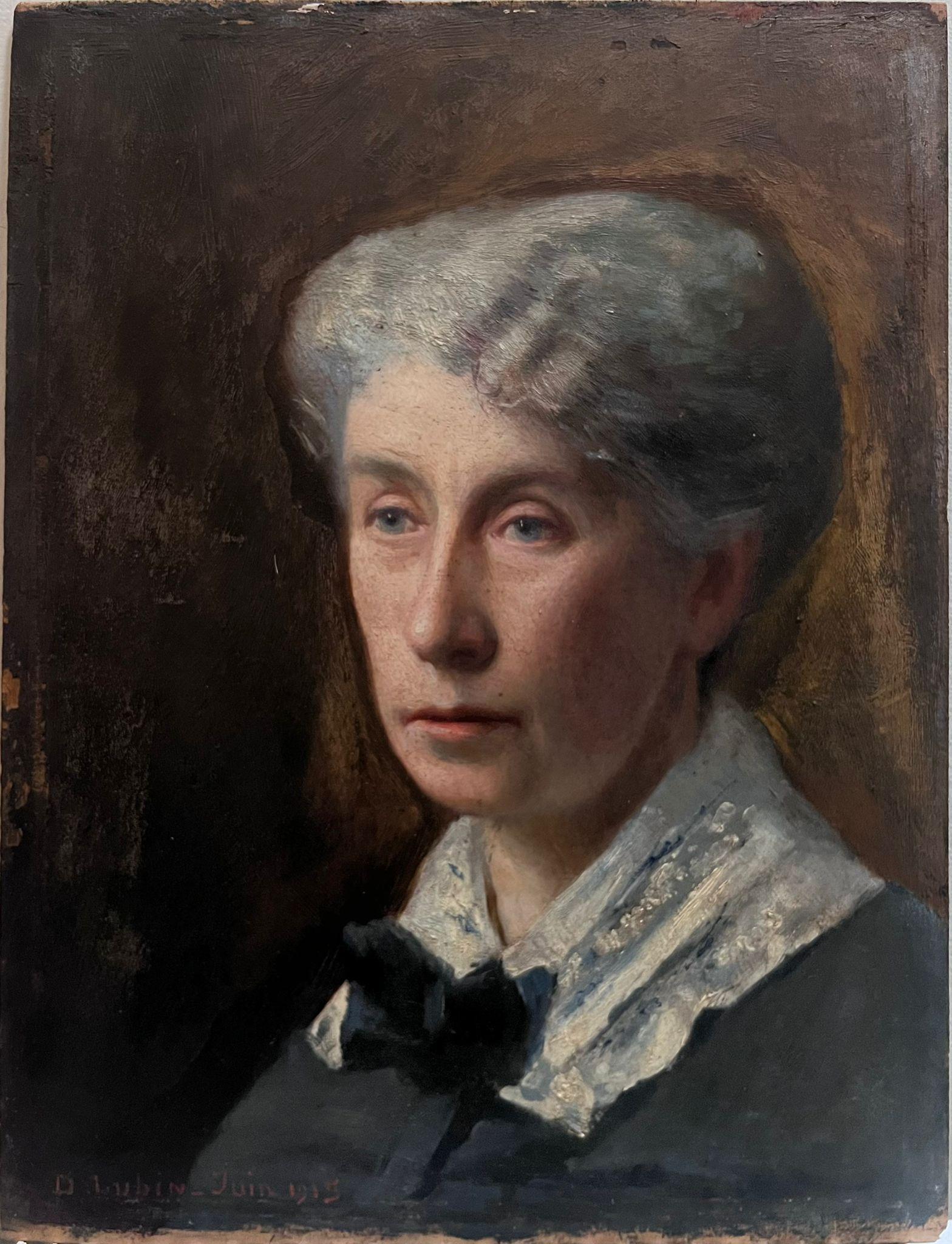 Antique French Portrait of a Lady Signed & Dated 1915 oil on wood panel - Painting by French School