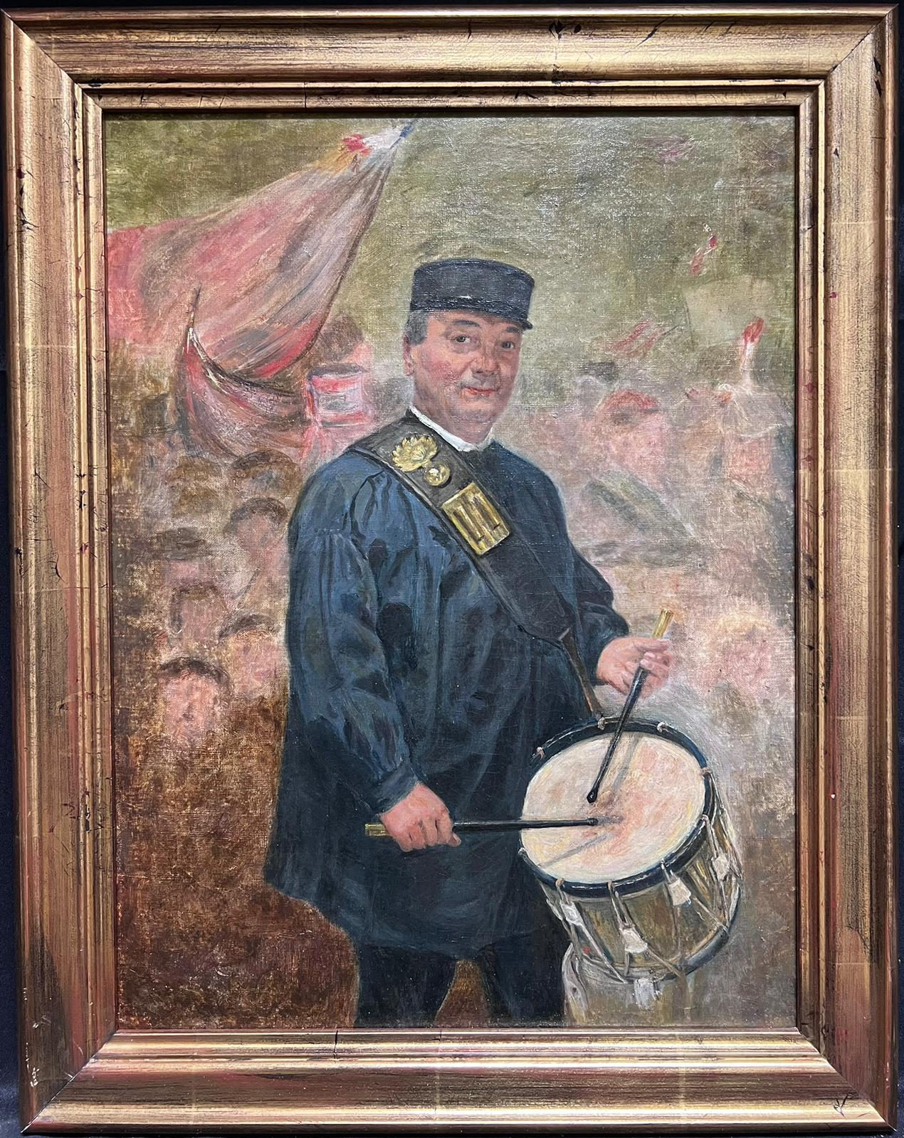 Antique French Post-Impressionist Oil Painting Portrait of Drummer Large Canvas - Gray Portrait Painting by French School