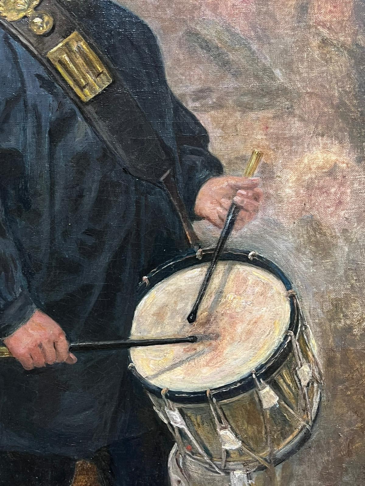 Antique French Post-Impressionist Oil Painting Portrait of Drummer Large Canvas For Sale 1