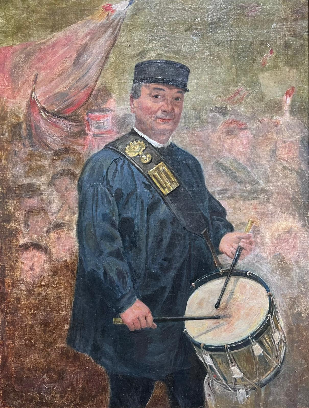 French School Portrait Painting - Antique French Post-Impressionist Oil Painting Portrait of Drummer Large Canvas