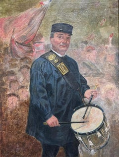 Antique French Post-Impressionist Oil Painting Portrait of Drummer Large Canvas