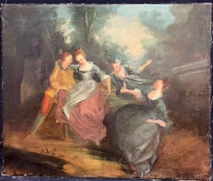 Antique French Rococo Oil Painting Elegant Figures Dancing outdoors