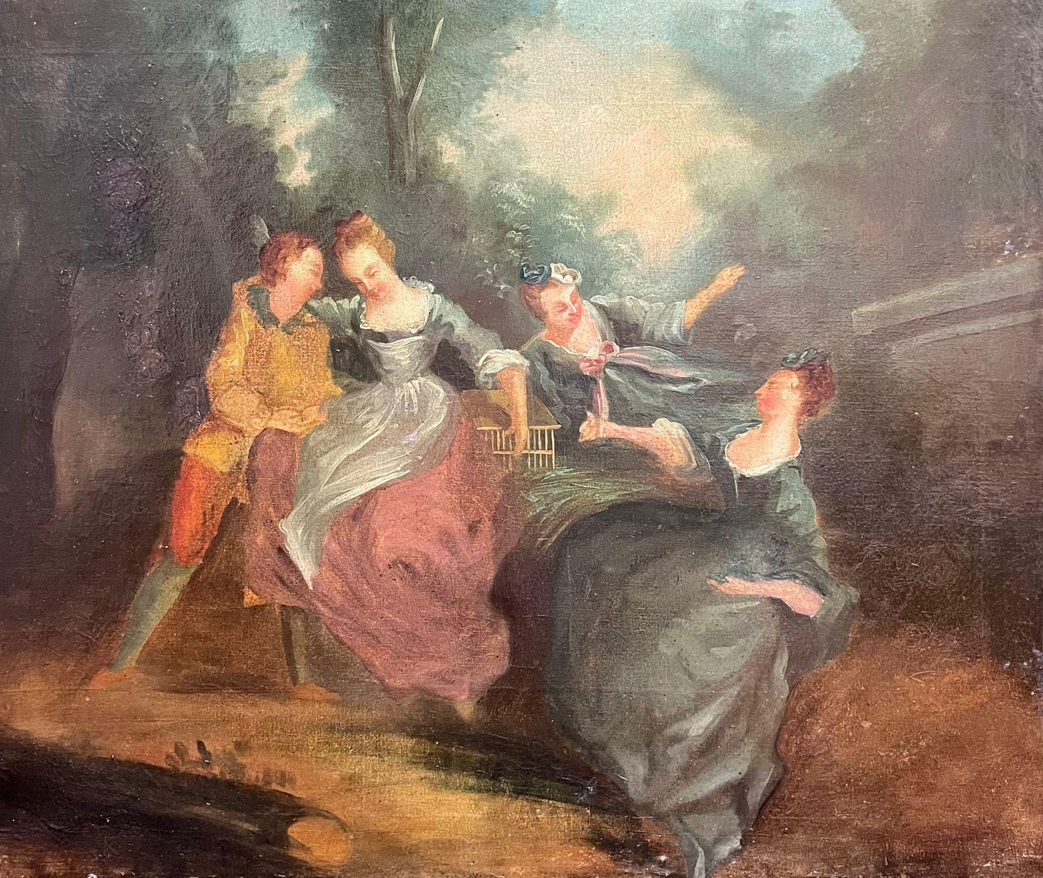 Antique French Rococo Oil Painting Elegant Figures Dancing outdoors For Sale 2